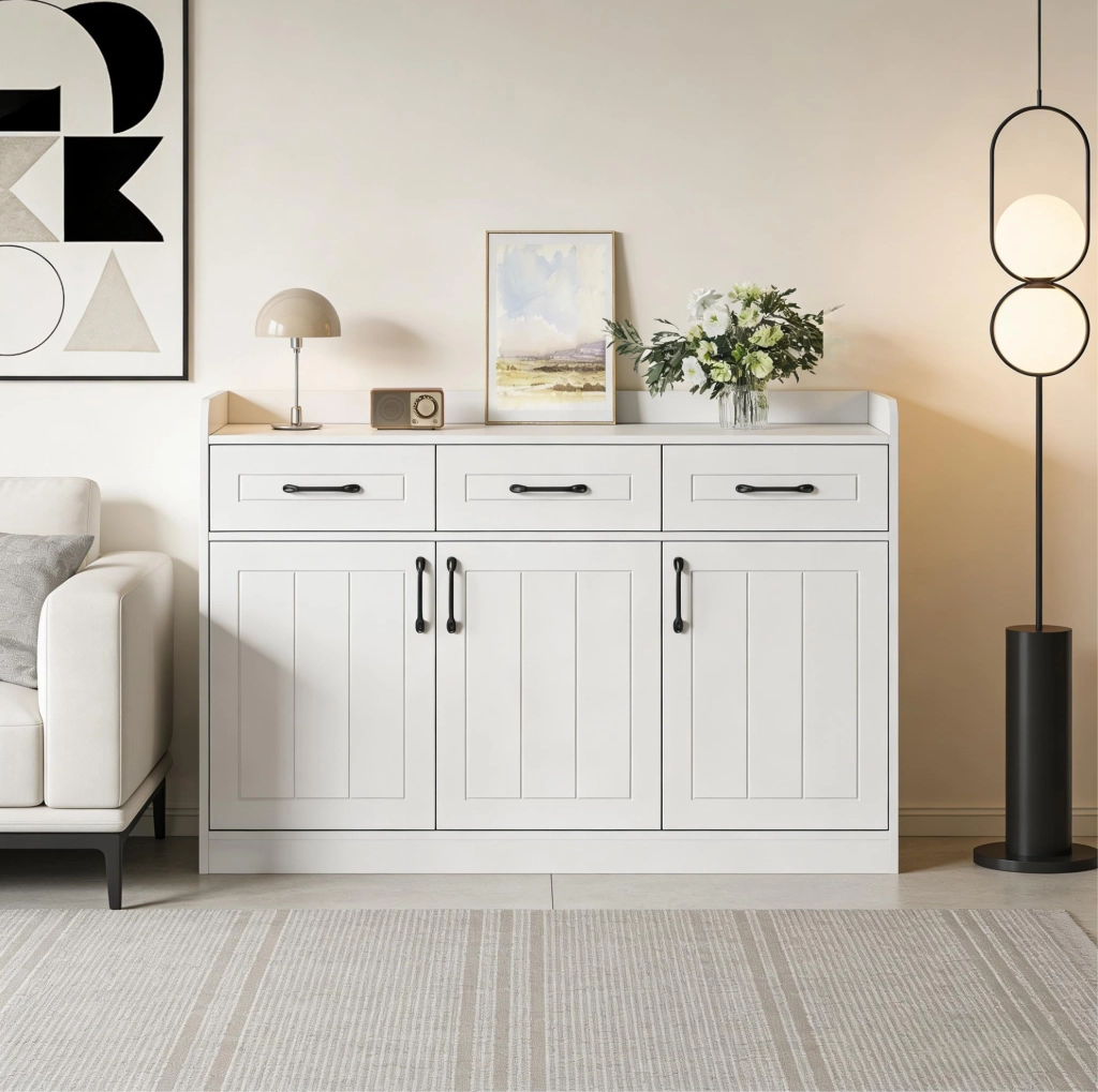 Credenza bianca 120 x 35 x 80 cm con 3 cassetti e 3 ante; in truciolare