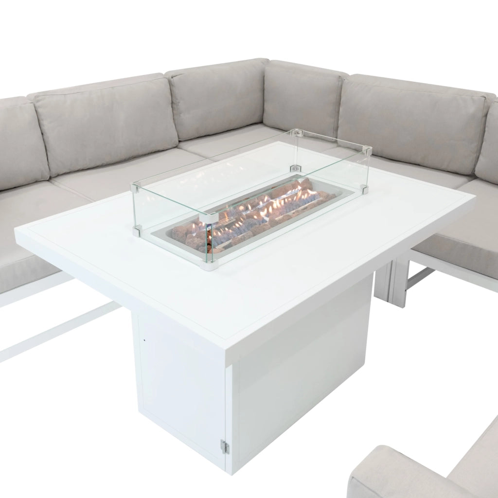 Set da Giardino Modulabile Bianco 9 Pezzi con Divano, Tavolo e Braciere da Esterno