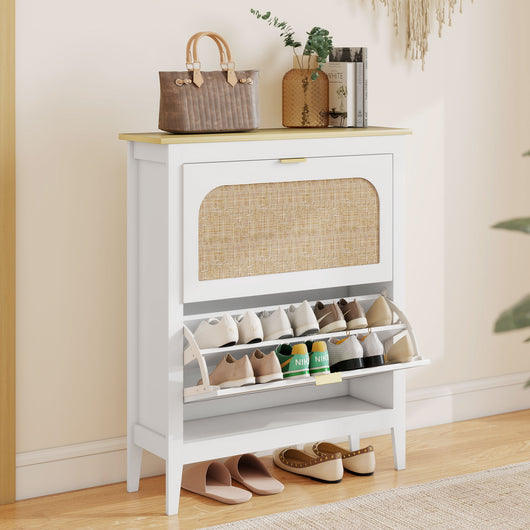 Scarpiera Slim Stile Boho con 2 Cassetti Ribaltabili per 14 Paia di Scarpe 80x24x95,5 cm Anta con Pannello in Rattan