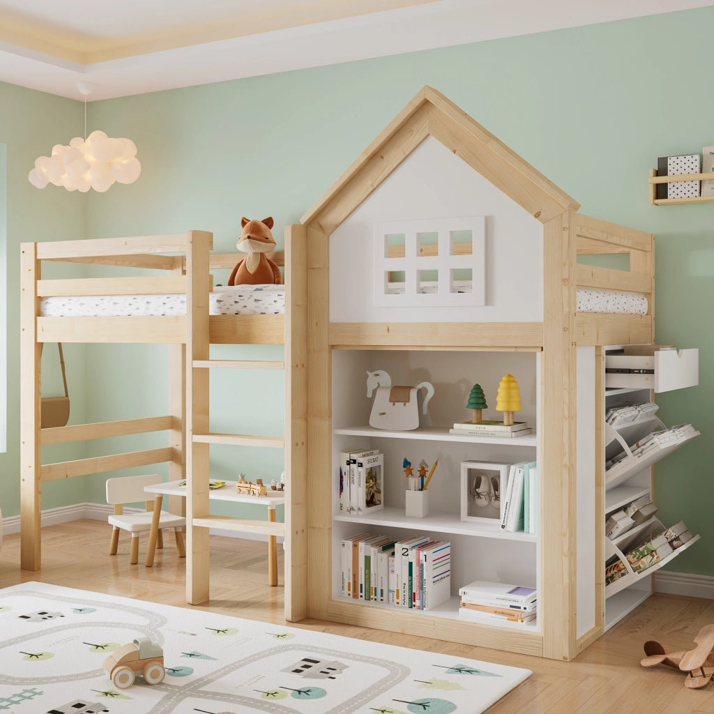 Letto a Soppalco 90 x 200 cm - 3 Cassetti e Vani Contenitore - in Legno - Bianco
