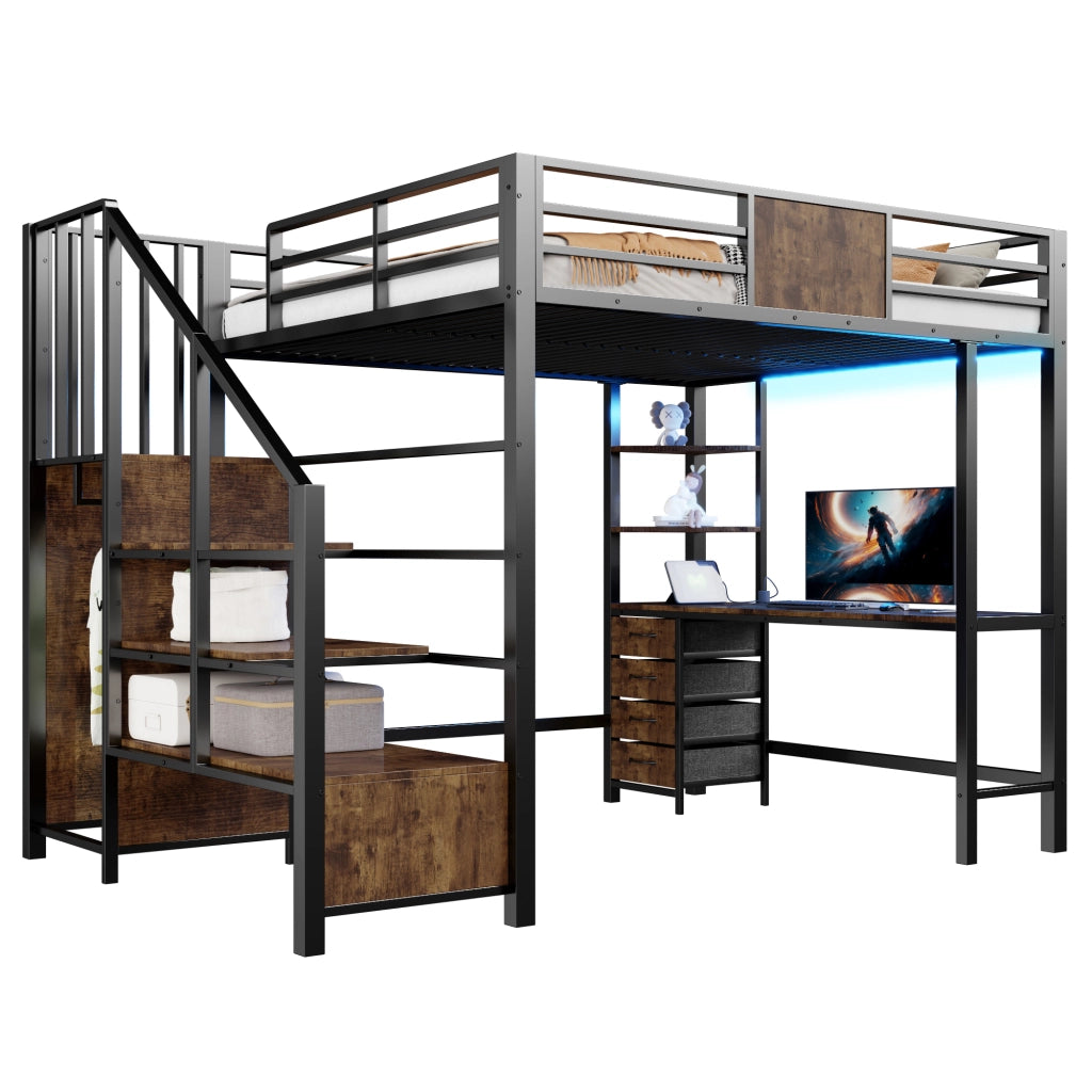 Letto a soppalco 140x200 cm in metallo con scrivania, ripiani, barra appendiabiti, LED e presa europea, colore nero