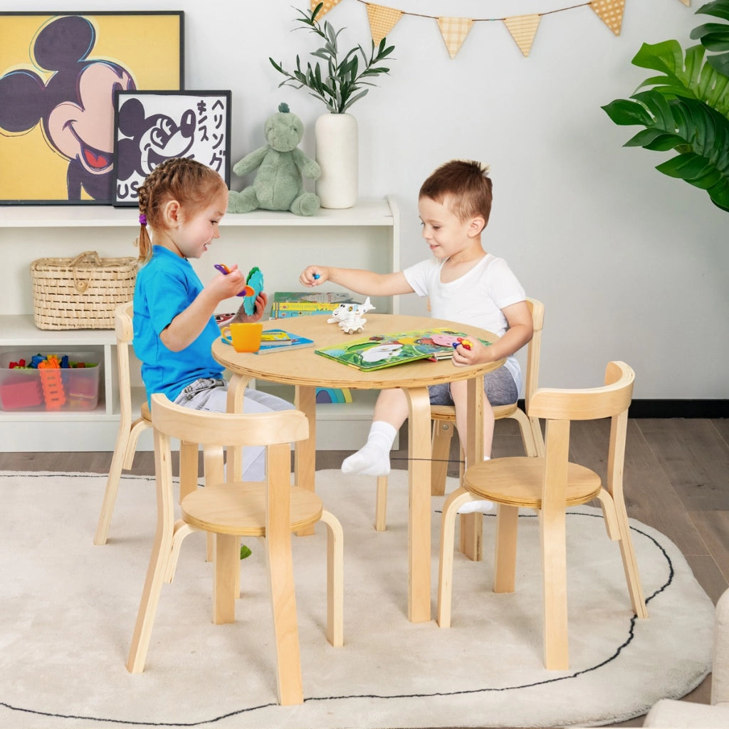Set tavolo e sedie per bambini da 5 pezzi con schienale curvo in legno-Tavolo attività con 4 sedie Naturale
