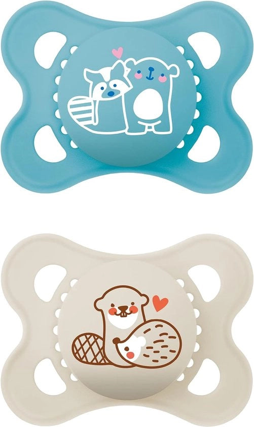 Set di 2 succhiasassi amichevoli per bambini, con materiale biobasato e duraturo, prodotto con silicone SkinSoft, con scatola di conservazione, 0-6 mesi, colore wasbeer/bever