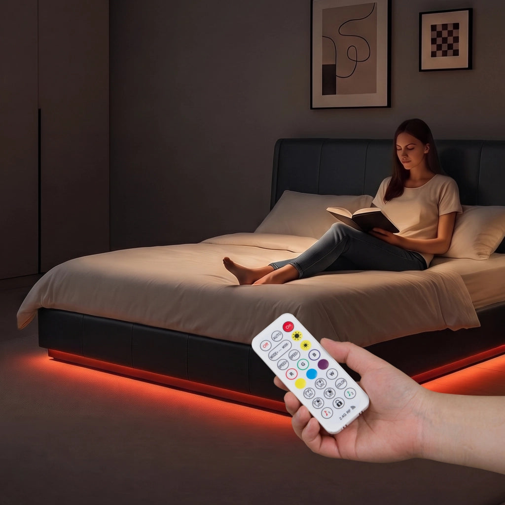 Letto Francese Contenitore Tröstiar con Apertura a Ribalta e Luce LED 140x200 cm - Similpelle Nero [en.casa]