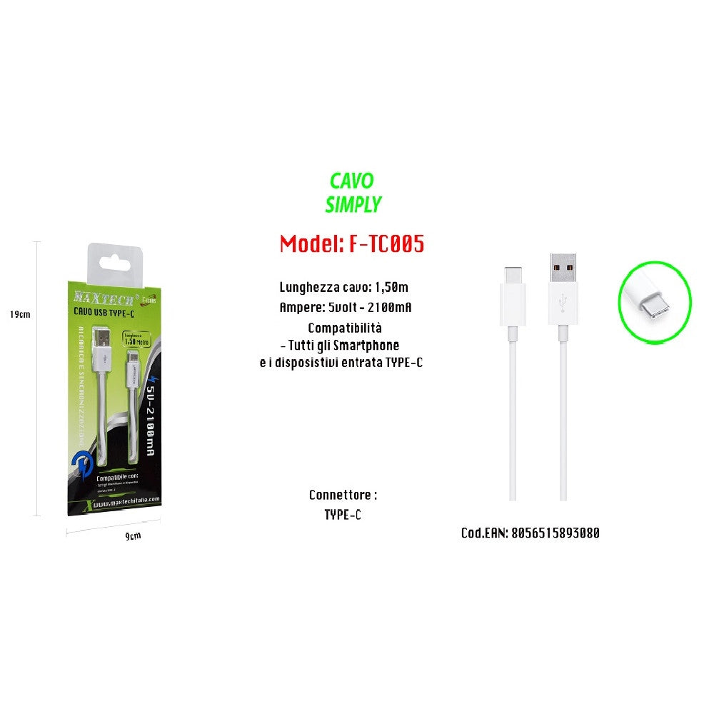 Trade Shop - Cavo Usb Per Ricarica Smartphone 1,50mt Simply 5volt - 2100ma Maxtech F-tc005 -