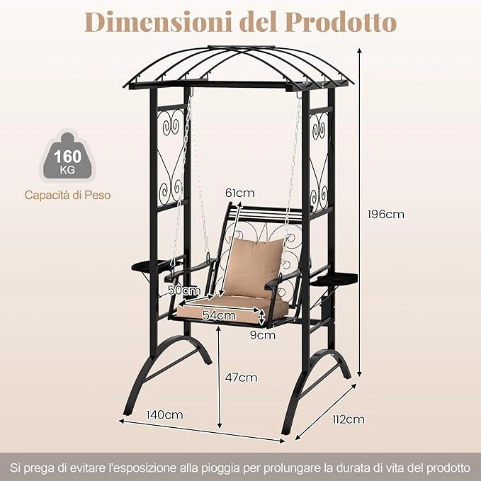 Sedia Sospesa da Esterno, Sedia a Dondolo Singola con Cuscini Removibili e Tavolini Laterali, Portata 160 kg, Altalena con Supporto e 2 Grigliati per Adulti per Giardino, Balcone e Cortile