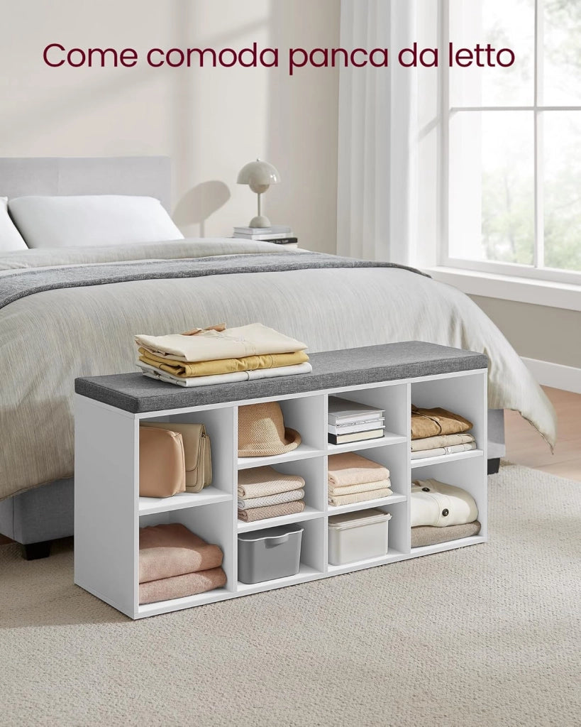 VASAGLE Panca Scarpiera, Scaffale Portascarpe a 10 Scomparti, Organizzatore Portaoggetti, con Sedile Imbottito, per Ingresso, 104 x 30 x 48 cm, Bianco LHS10WT