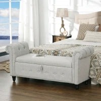 Panca Baule 2 in 1 in Tessuto Effetto Lino con Gambe in Legno, 146,5 x 49 x 72 cm, Grigio
