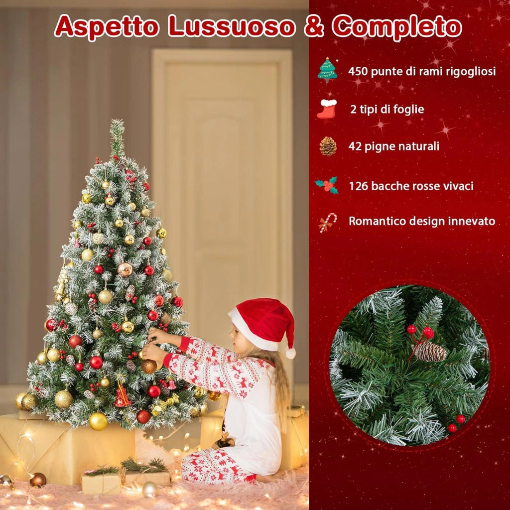 Albero di Natale Pre-Illuminato 150/195 cm, Albero di Natale con 200/420 Luci LED Bianche Calde, 8 Modalità di Illuminazione, 450/909 Punte di Ramo, Bacche Rosse e Pigne (150 cm)