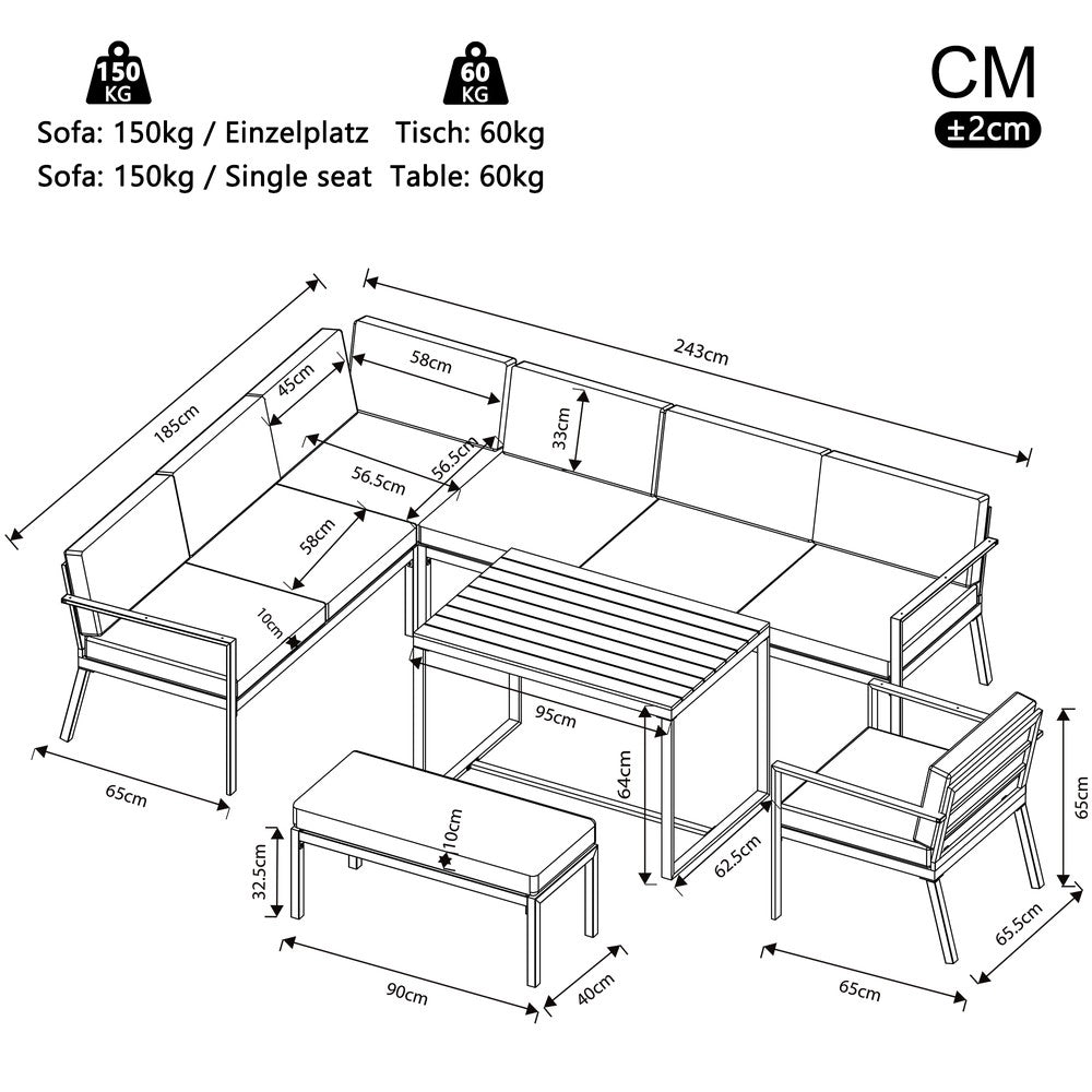 Set Divano da Giardino ad L 8 Posti con Tavolo in Legno ¨C Xylo ¨C Polyrattan Grigio, Ferro