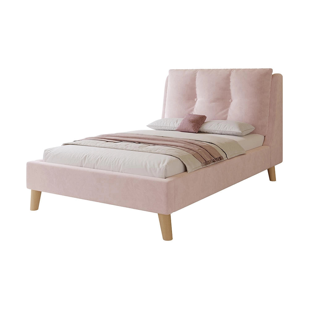 Letto imbottito-Xylo-90x200cm testiera velluto piedi legno massiccio rosa