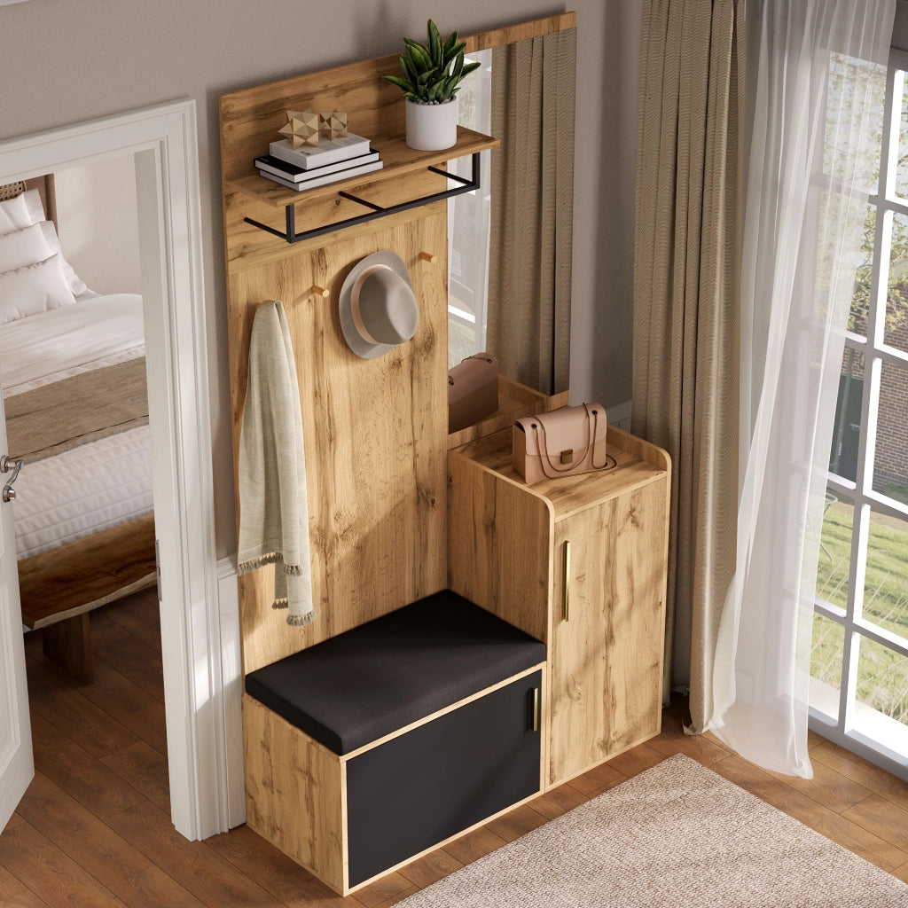 Mobile Ingresso con Specchio e Panca; Scarpiera con 1 Anta; Ganci e Ripiano; Stile Moderno; in Pannelli di Particelle; Nero e Rovere; 100??38??185 cm
