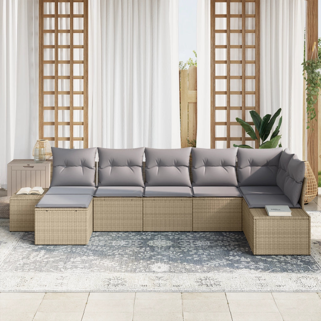 Set di 7 Pezzi Divano da Giardino con Cuscini Beige Polyrattan