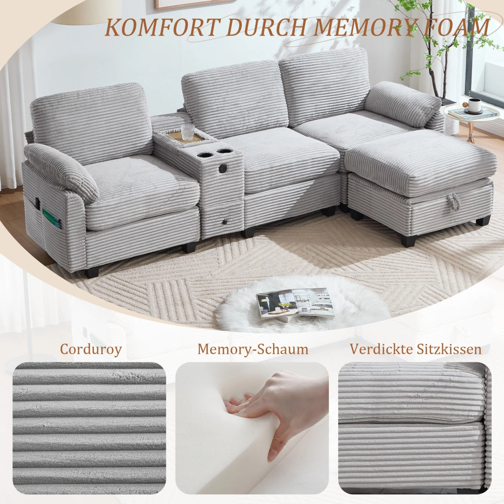 Divano ad angolo in cord con console scorrevole, porta USB-C, tasche laterali e pouf contenitore grigio chiaro