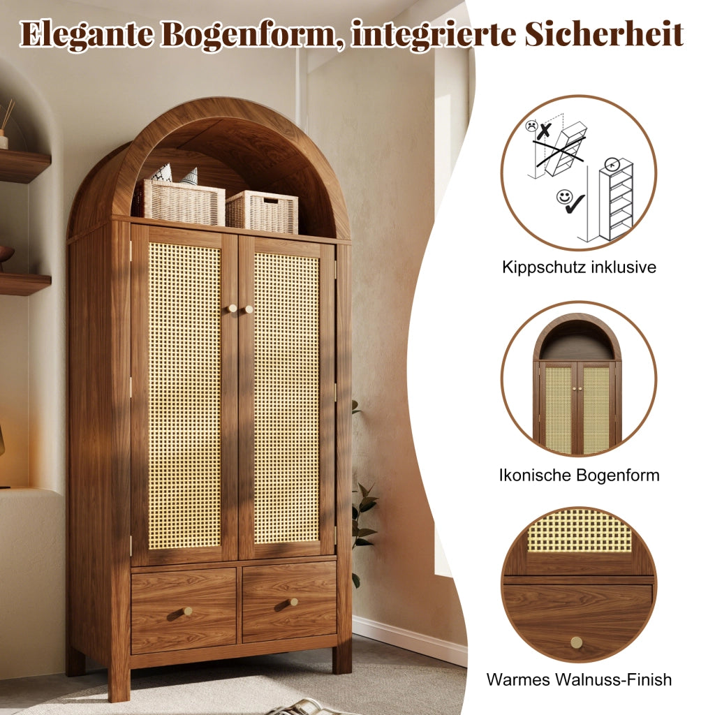 ARMADIO ad arco 181x78x45 cm in effetto noce con intreccio rattan e 2 cassetti