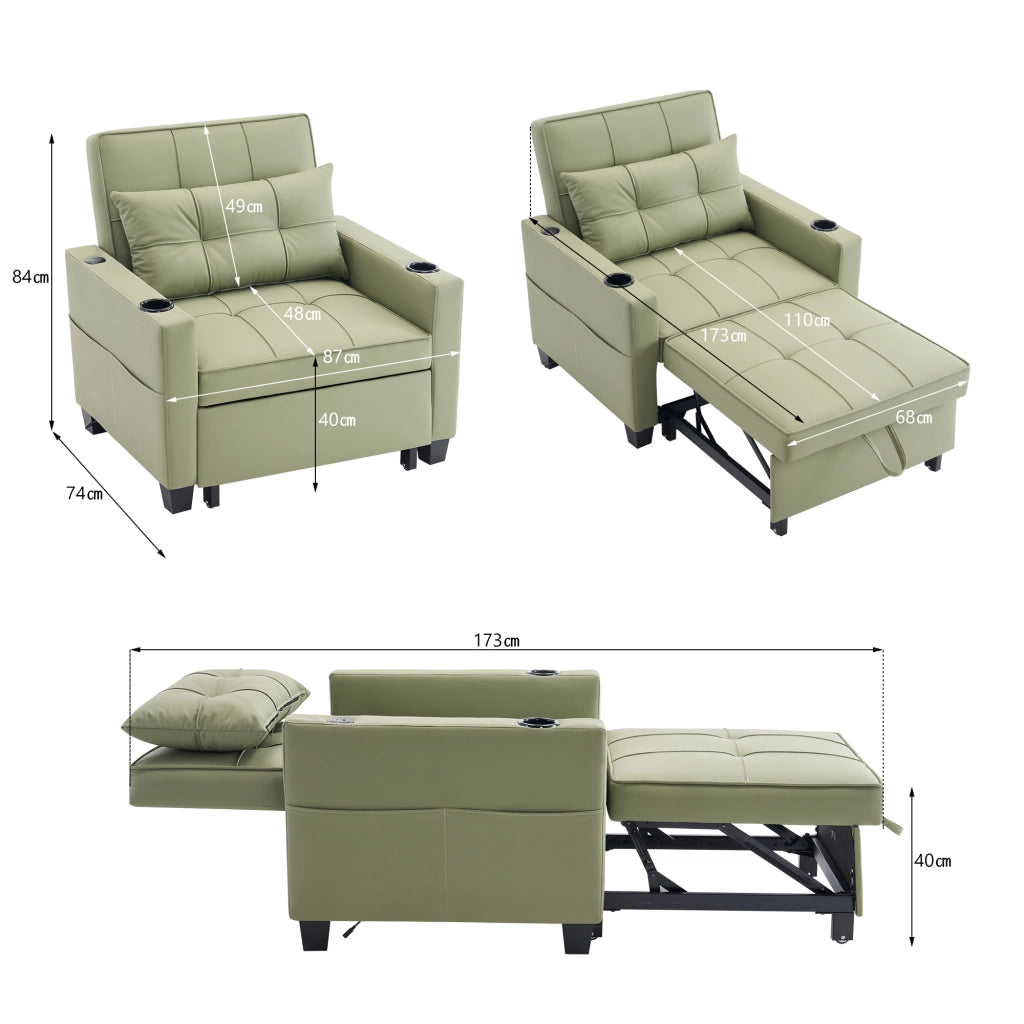 Poltrona letto convertibile 3 in 1 con funzione letto, tasca laterale e portabicchieri, in legno e metallo, avocado