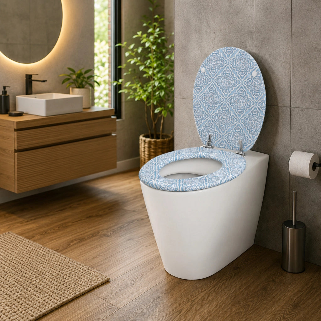 Sedile Copriwater Universale MDF Stampa Maiolica Blu Bianca 43x38 cm 87097