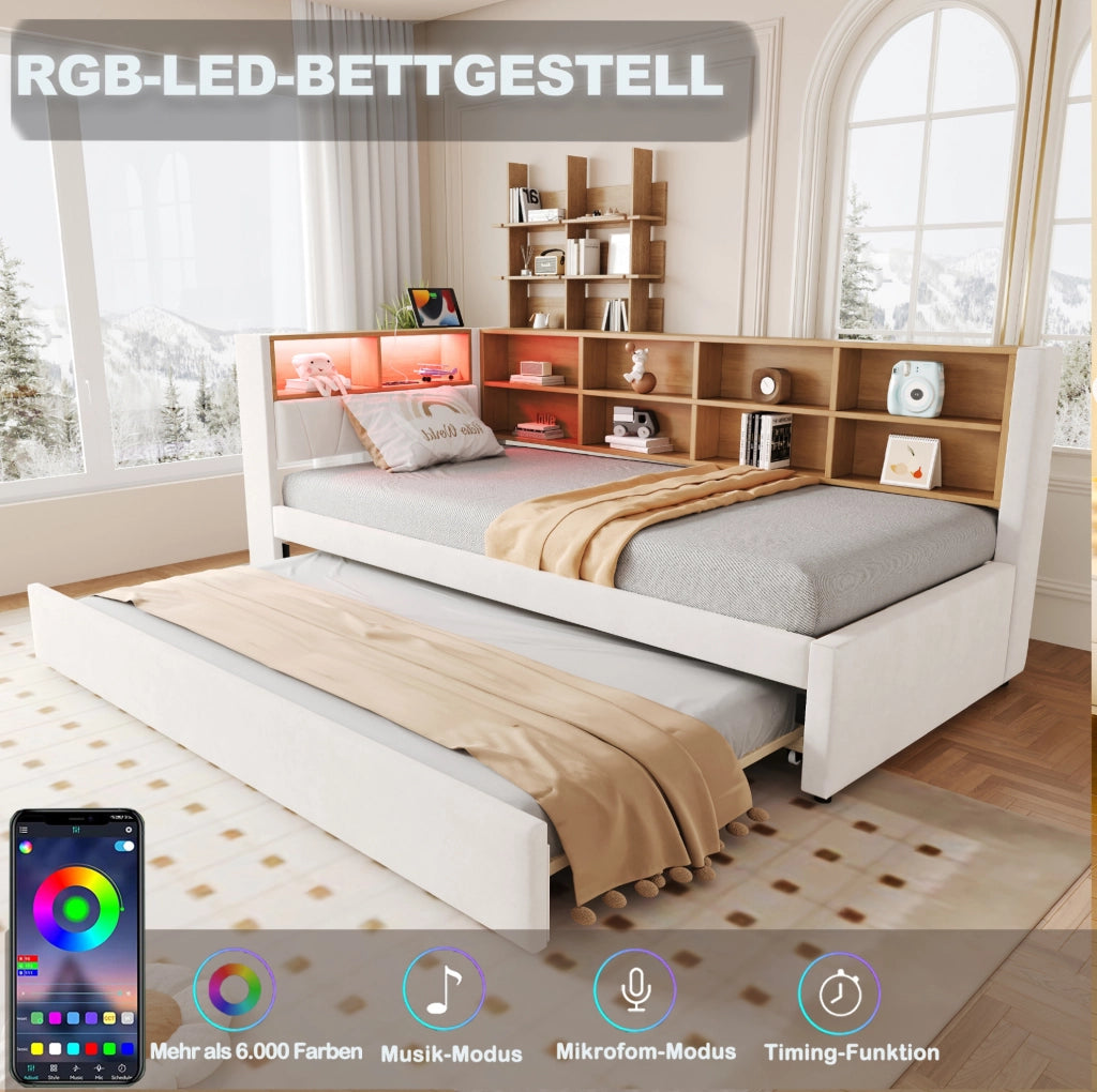 Divano letto singolo con letto estraibile, LED e USB, beige