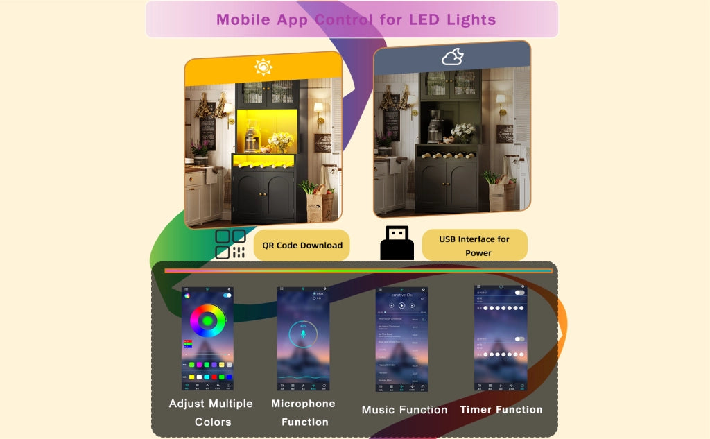 Credenza e madia set da 2 con LED RGB app, ante in vetro, portabottiglie e ripiani regolabili, nero 140 × 38,3 × 180 cm