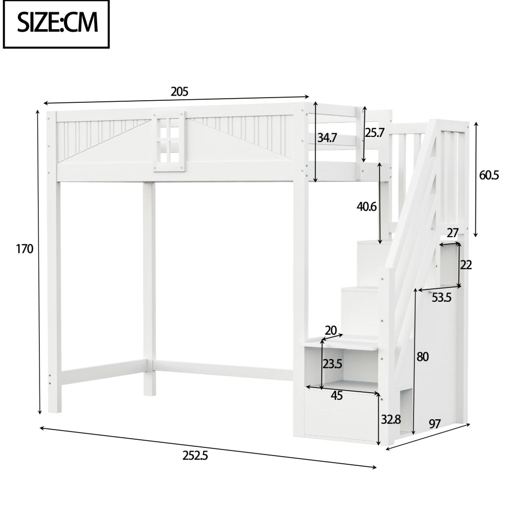 Letto a soppalco 90x200 cm con scala reversibile e ripiani in pino; MDF e compensato; bianco