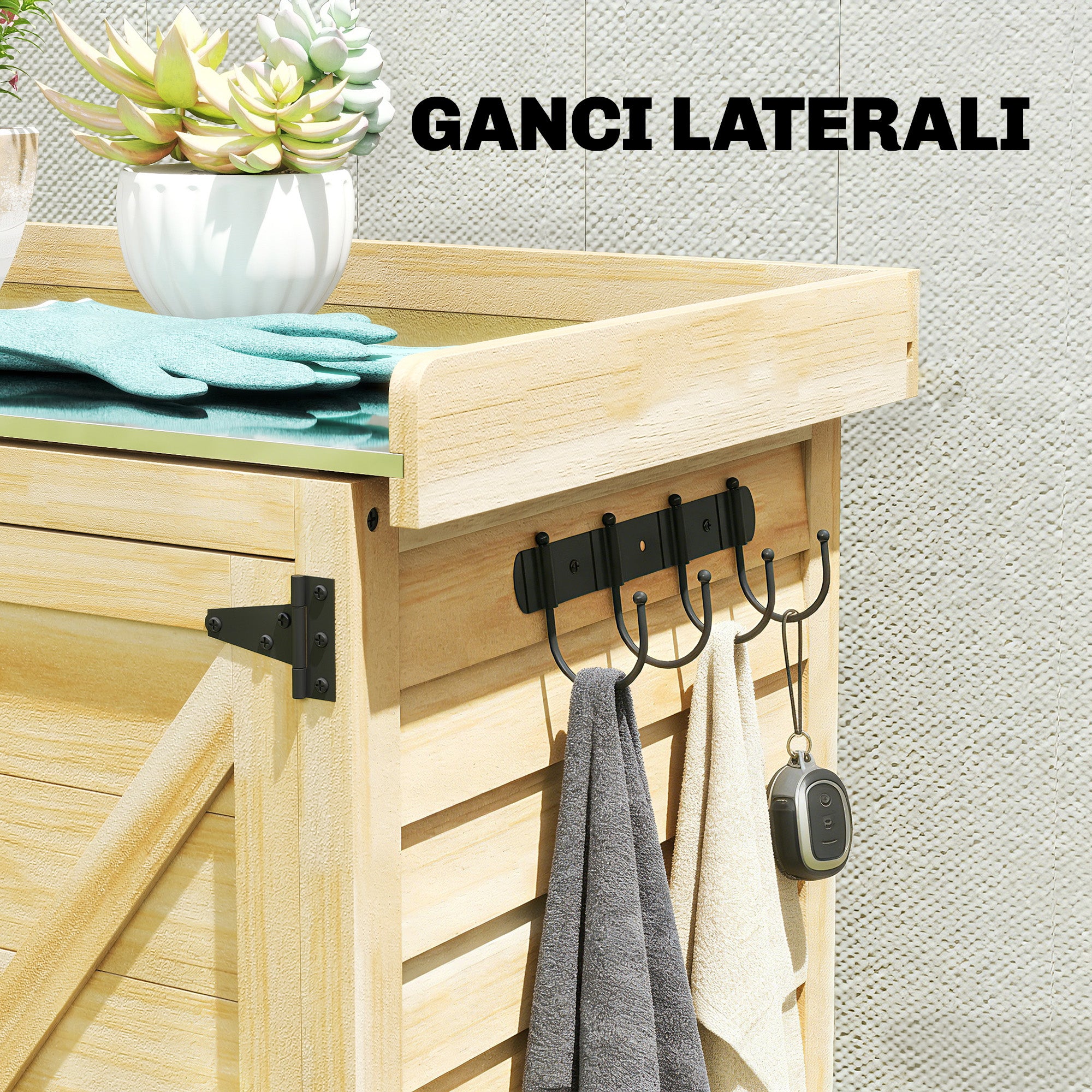 Armadio da Giardino 71.5x39x95 cm con Piano in Acciaio Ripiani e Ganci in Legno