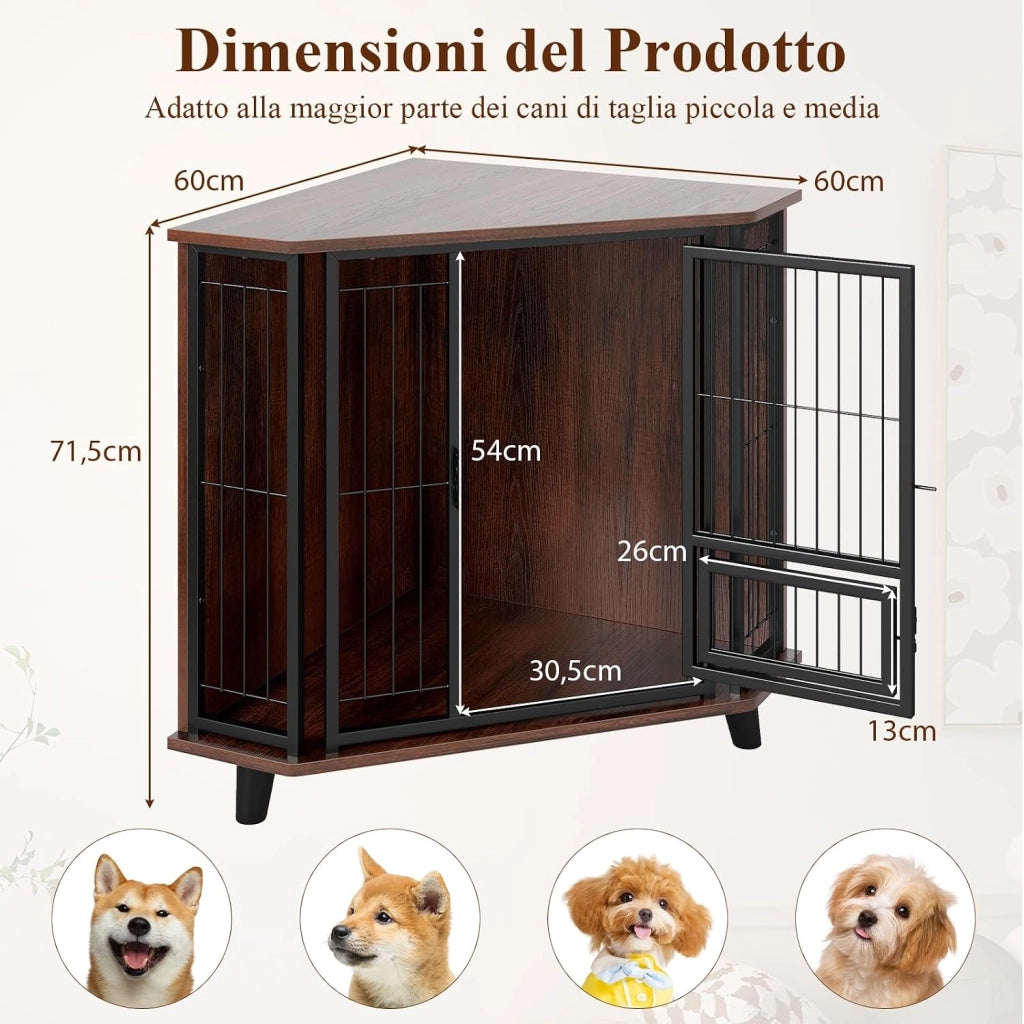 Cuccia per Cani Angolare, Gabbia Salvaspazio con Porta di Alimentazione, 3 Gambe in Legno di Gomma, Porta Serrabile e Ampio Piano di Lavoro, Tavolino Laterale per Cani Piccoli, Medi e Grandi