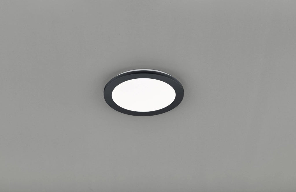 CAMILLUS PLAFONIERA LED TONDA METALLO NERO OPACO CON FUNZIONE DIMMERABILITA' CON NORMALE INTERRUTTORE A PARETE IP44 D. 26CM LED 13 W · 1.500 lm · 3.000 K