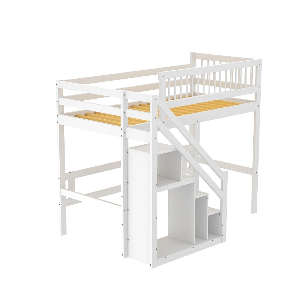 Letto a castello in legno massello per bambini - Xylo - 90x200 cm - Bianco - Con scala e armadio