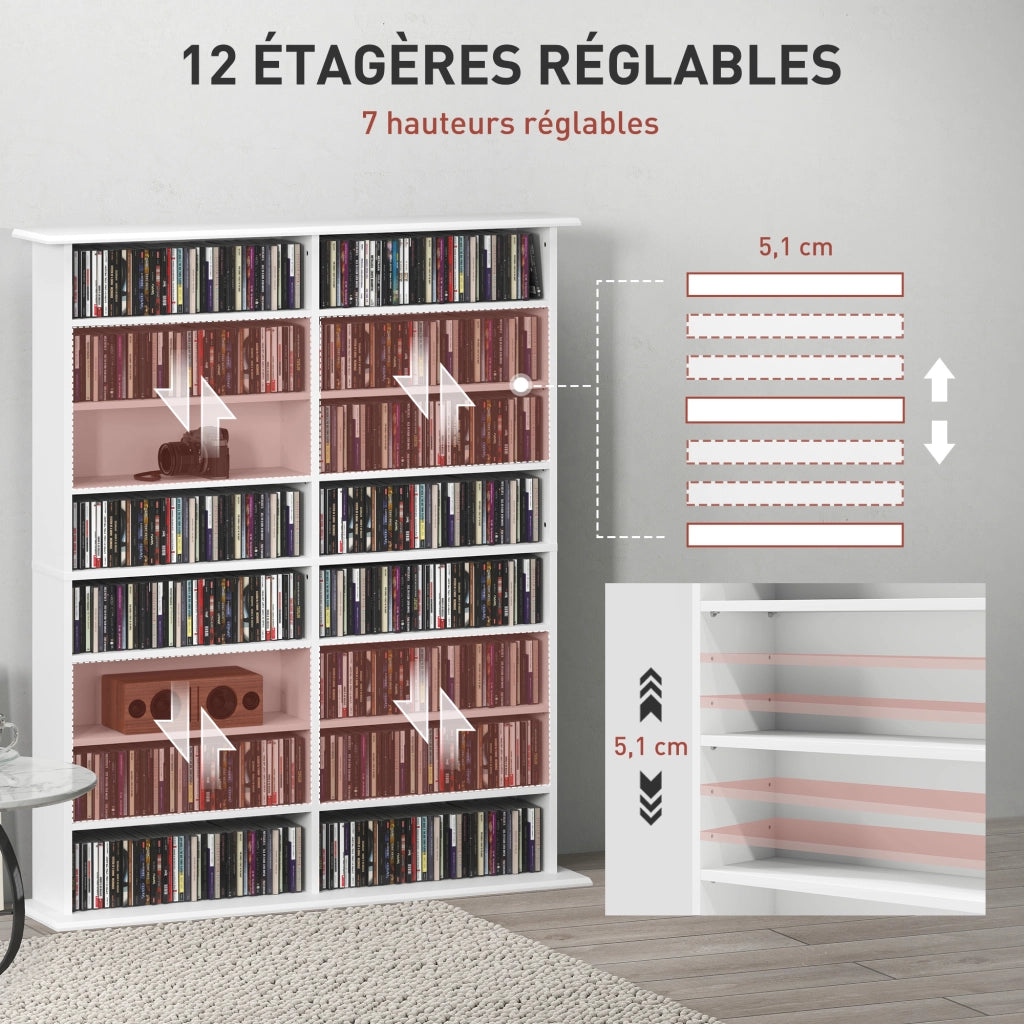 Libreria per CD e DVD con 16 scomparti e 12 ripiani regolabili ¨C zephmum ¨C bianco