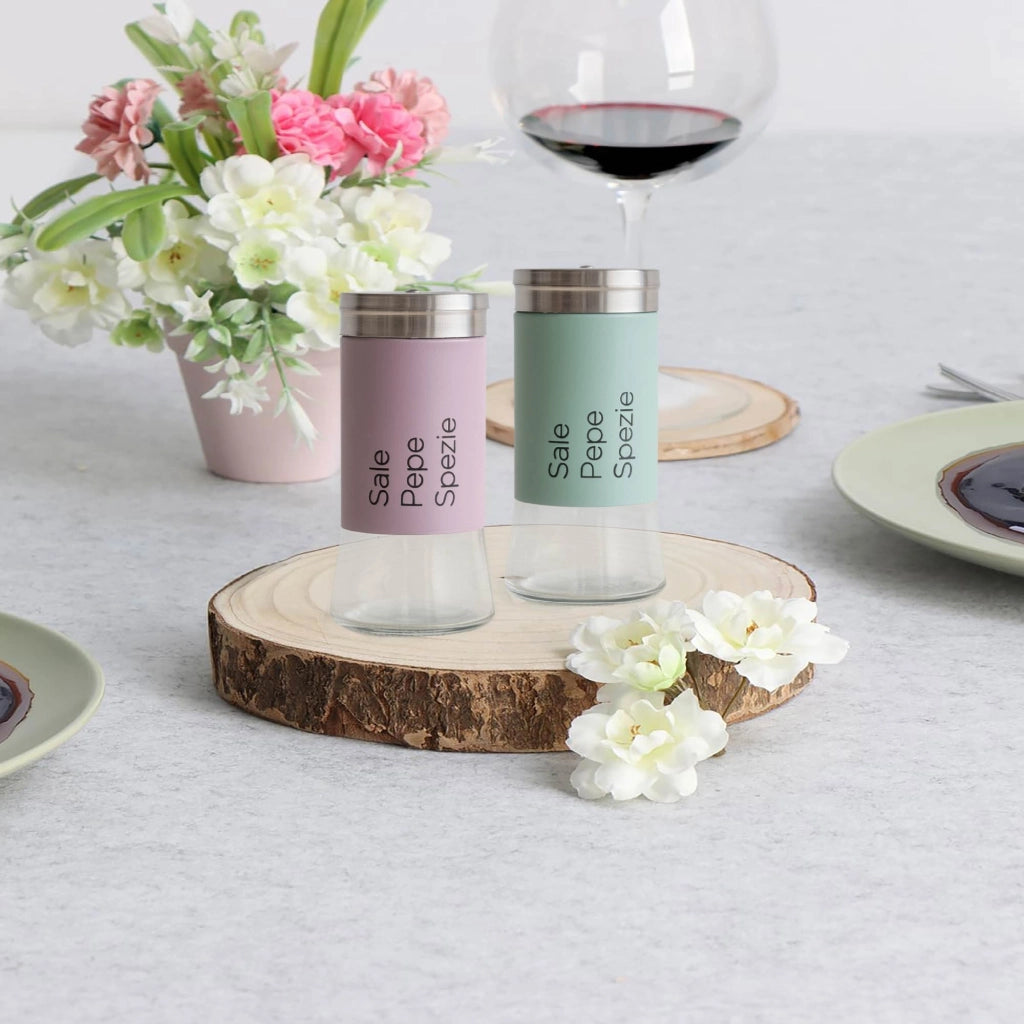 Set 5 Contenitori In Vetro Cucina Portaspezie 130 Ml Barattoli Moderni Sale Pepe Rotondi Moderni Tappo Girevole Acciaio Per Regolazione Con Moderne Scritte Certificati Contatto Alimentare