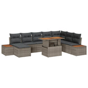 Set da Pranzo da Giardino 9 Pezzi con Cuscini Grigio in Polyrattan e Acacia