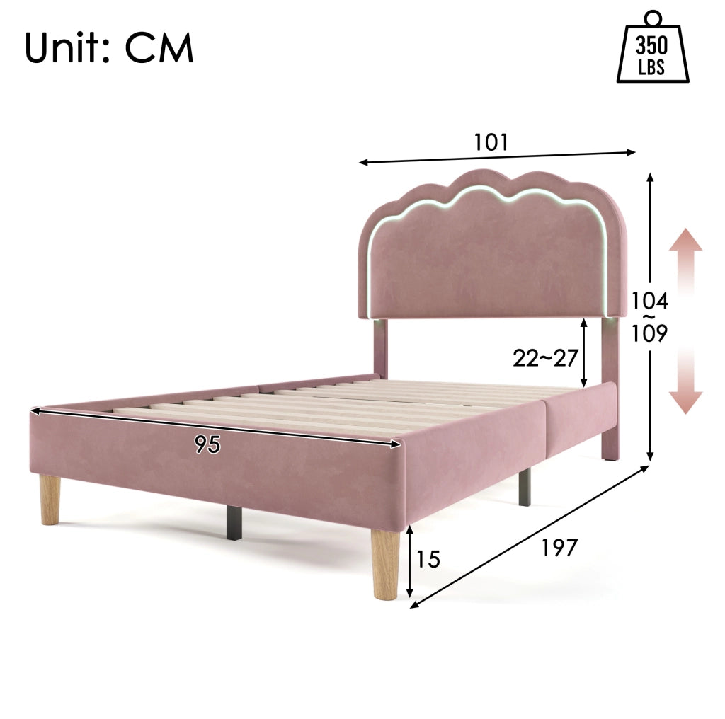 Letto imbottito LED singolo 90x190 cm in velluto rosa con testiera regolabile