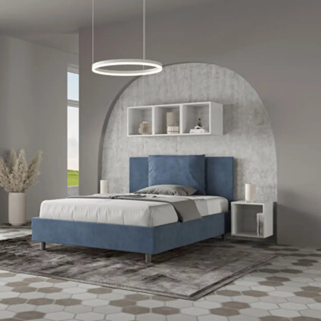 Letto matrimoniale francese con rete imbottito 140x200 microfibra blu Antea
