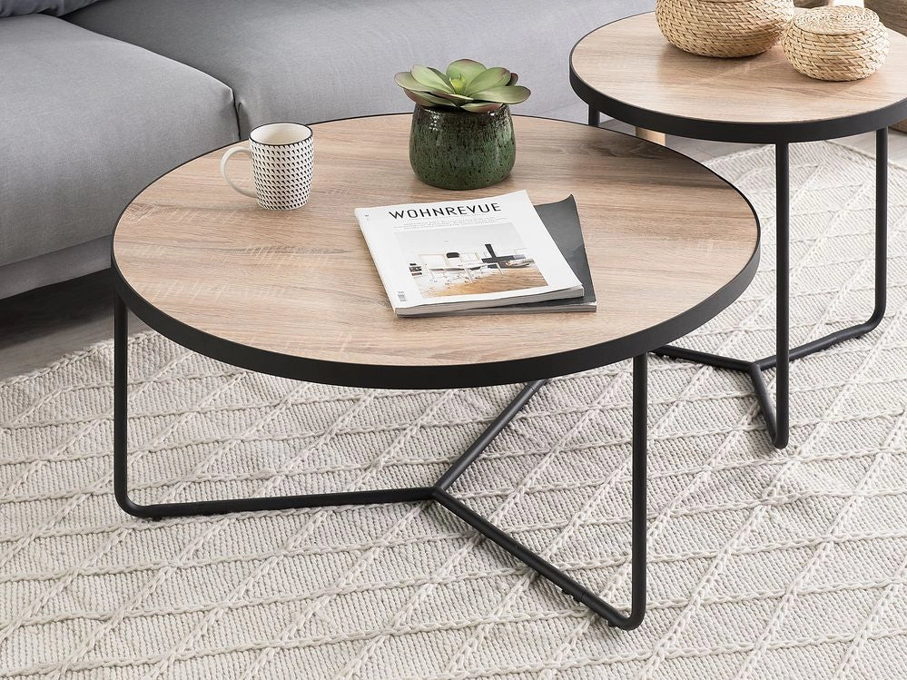 Tavolino da caffè in legno chiaro da tavolo con gambe in metallo Nero rotondo grande 80 x 80 x 40 cm mobili da soggiorno