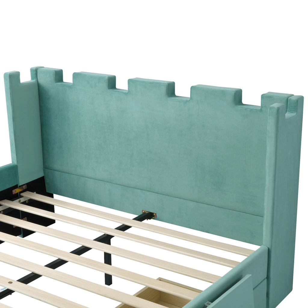Letto con cassetti 140 × 200 cm con ripiano pieghevole; bordi imbottiti; legno e velluto francese blu-verde