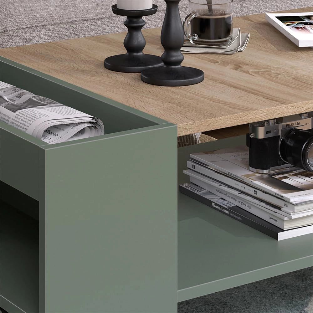 Tavolino da salotto Wido, Verde, 100 x 55 cm con ripiani, adatto per riporre riviste e telecomandi