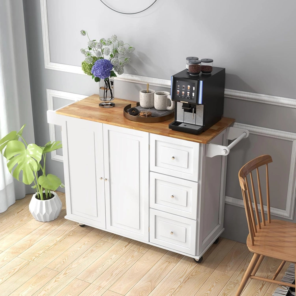 Carrello da cucina pieghevole, carrello di servizio, credenza da cucina, mobile da cucina in legno, ruote con 2 freni, piano pieghevole e 2 ripiani regolabili, 136 x 76 x 91 cm (bianco)
