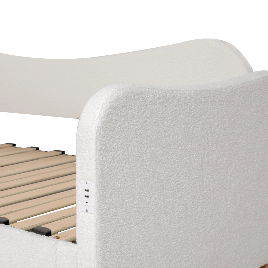 Letto imbottito estraibile 90x200 cm con cassetti; USB e Type-C; beige bouclé
