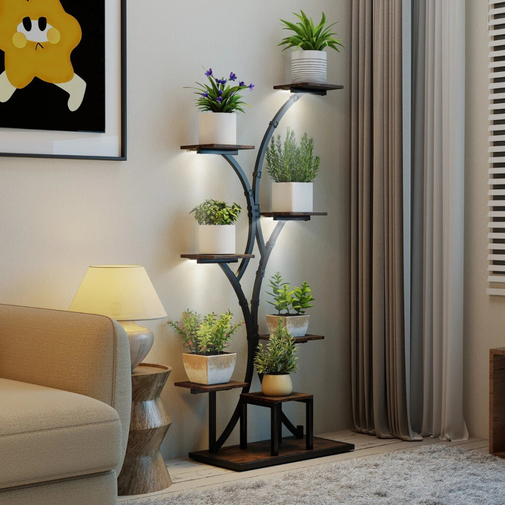 Supporto decorativo per fiori per salotto per molteplici piante balcone, Porta vasi grande da interno con luci di crescita Marrone 1 Pezzo