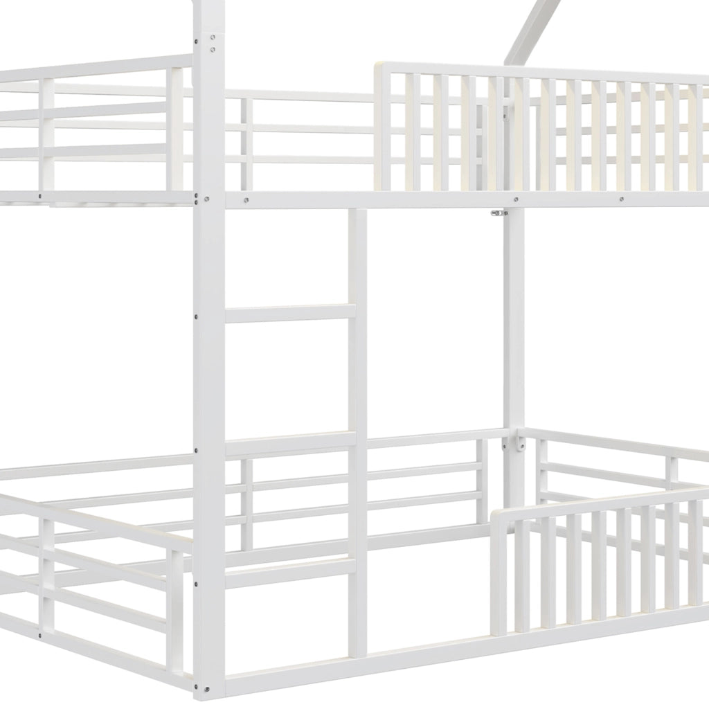 Letto a Castello 140x200 cm; 2 Posti; con LED e Parapetto a Staccionata; in Metallo; Bianco