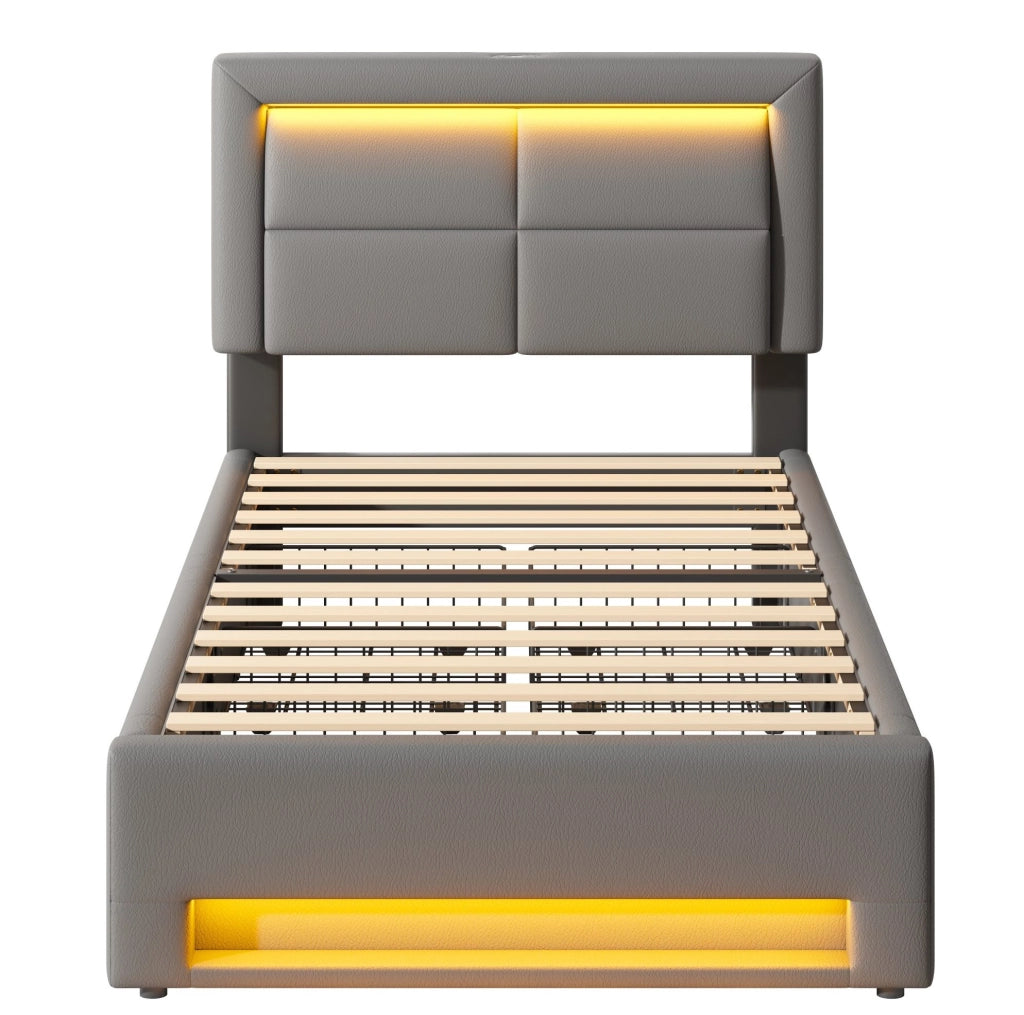 Letto imbottito 90x190 cm con USB; LED e 4 cassetti; PU grigio