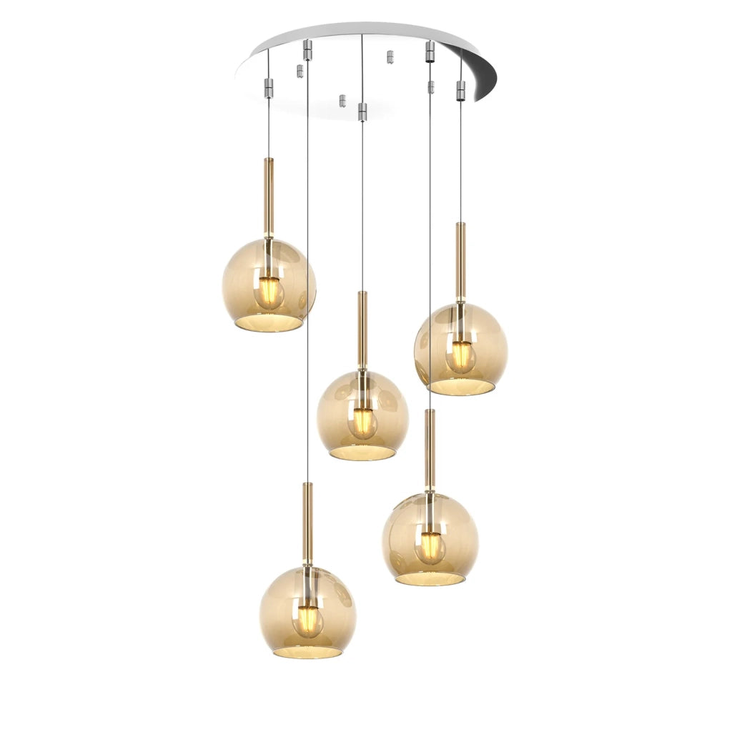 Lampadario Contemporaneo Future Metallo Cromo Vetro Ambra 5 Luci E27