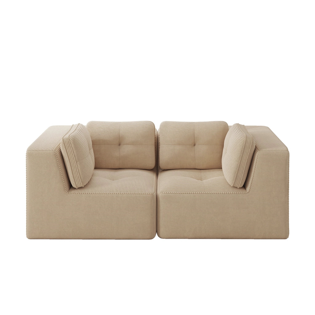Divano angolare modulare senza struttura, in tessuto effetto velluto a coste beige, seduta profonda e design configurabile