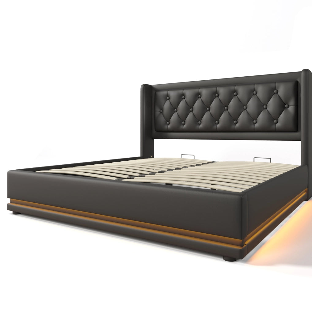 Letto imbottito 140x200 cm con contenitore, LED, USB e USB-C in PU nero