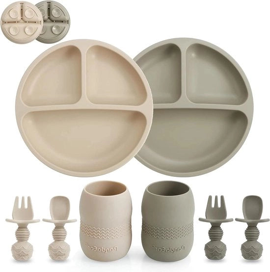 Set di servizio per bambini in silicone con bordini di aspirazione divisi - Set da 2 più 2 piccoli bicchieri, cucchiai e forchette - Utensili per bambini