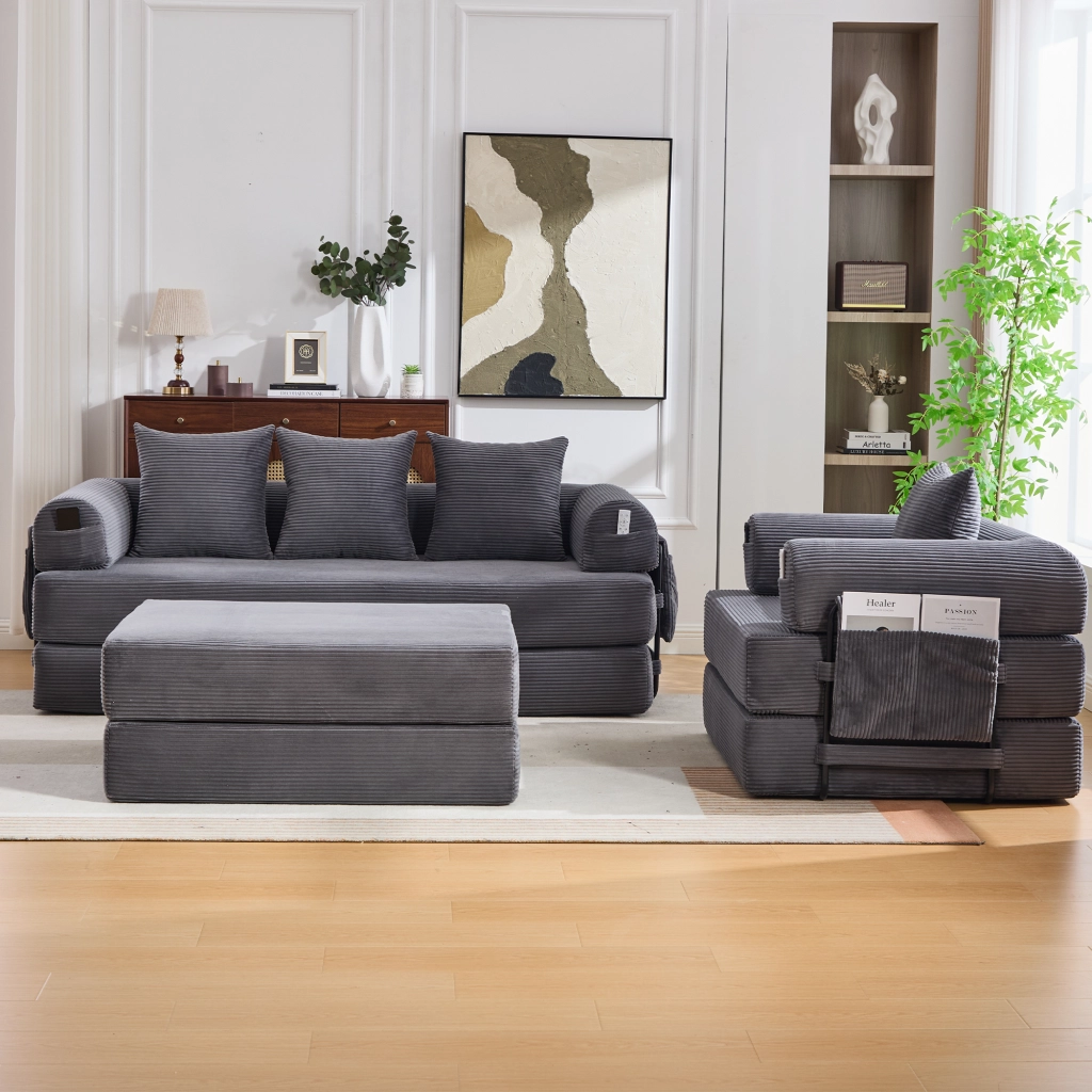 Divano modulare in corduroy a 4 posti con pouf, struttura in metallo, tasca laterale e cuscini