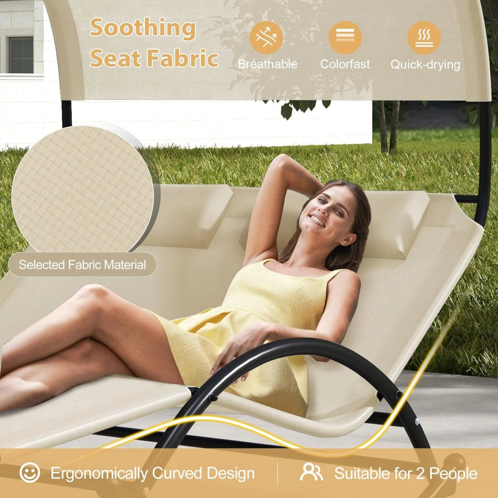Lettino Prendisole a 2 Posti, Fino a 300 kg, con Tettuccio e Poggiatesta, Sdraio a Dondolo in Tessuto Textilene e Struttura Metallica, per Giardino, Patio, Terrazza, Piscina (Beige)