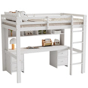 Letto a Soppalco Singolo con Scrivania; 4 Cassetti e 4 Ripiani; 90×200 cm; senza Materasso; Bianco