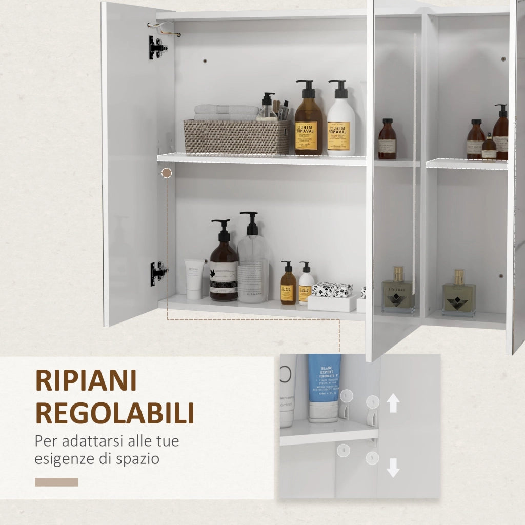 Specchio Armadietto da Bagno Pensile 90x15x70 cm in MDF e Vetro Bianco Lucido