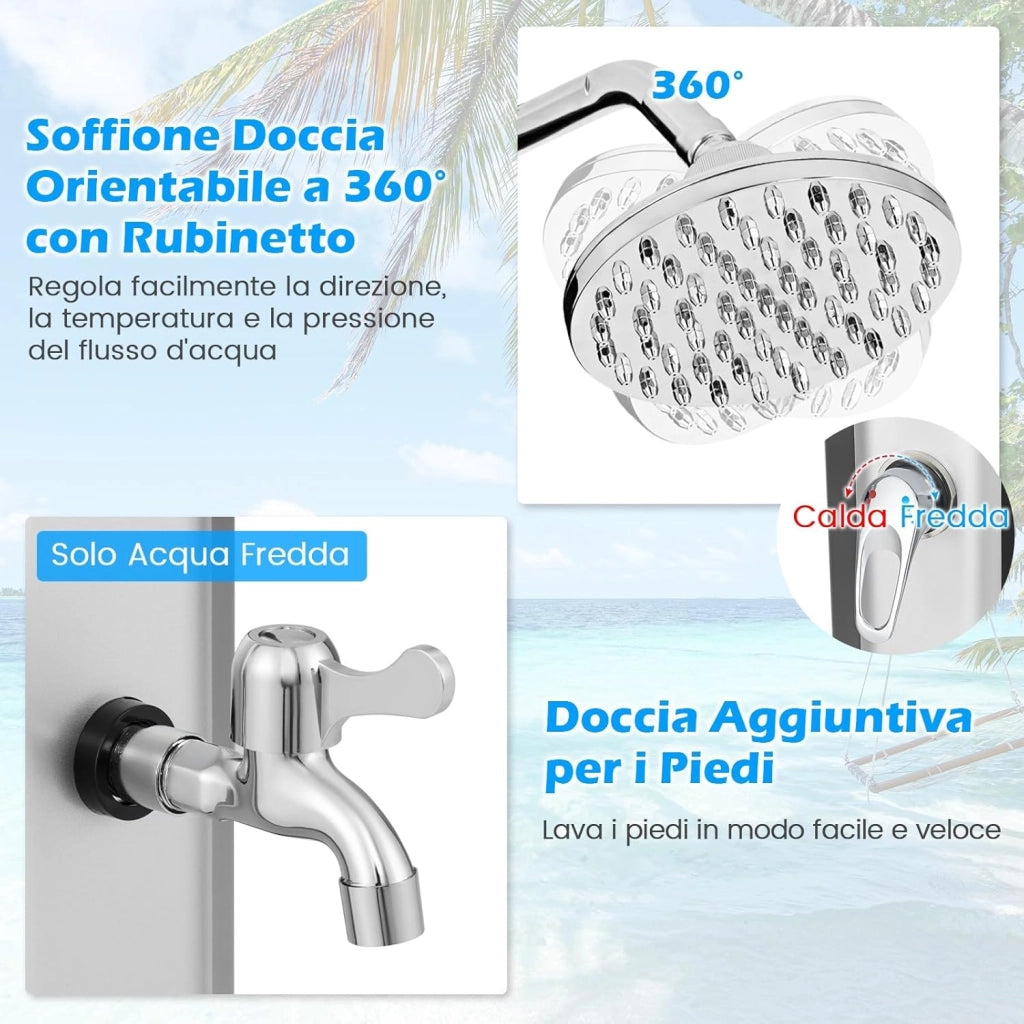 Doccia Solare da Esterno 60 L, Doccia da Giardino con Soffione 360°, Rubinetto per Piedi, Copertura Protettiva e Attacco per Tubo da Giardino, Fino a 60°C, per Piscina e Campeggio (Modello 2)